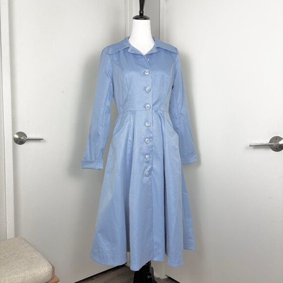1940s 1950s Style Collectif Light Blue Princess Trench Coat Flare Small UK 10 - Picture 2 of 5
